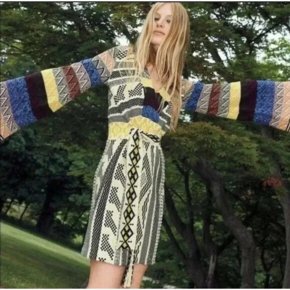 NWT Free People Womens Bell Sleeve V Neck Patchwork Knit Sweater Dress Multi S - Picture 5 of 13